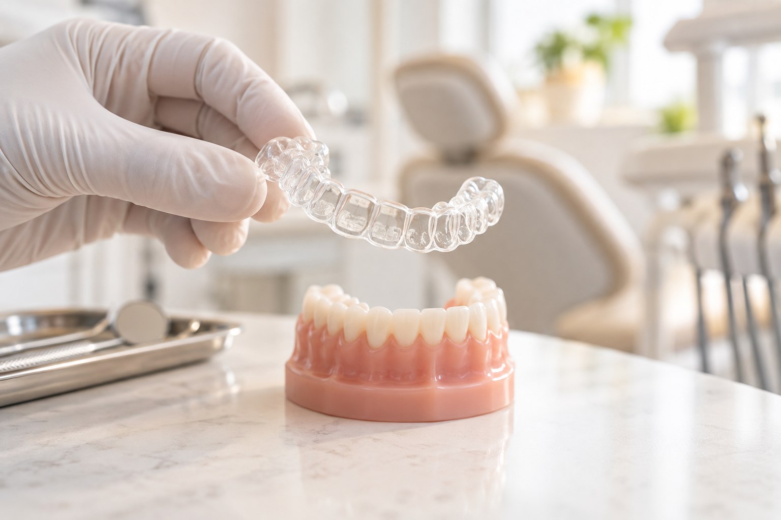 Illustrative clear aligner tray above a dental model