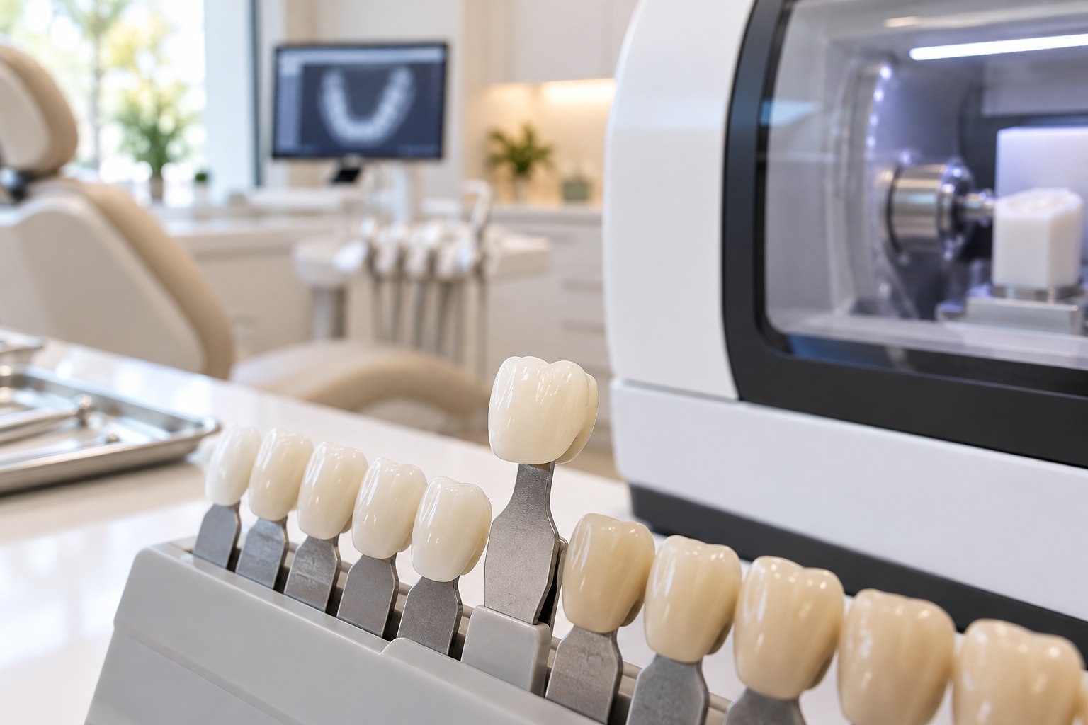 Illustrative ceramic crown with shade guide and chairside equipment