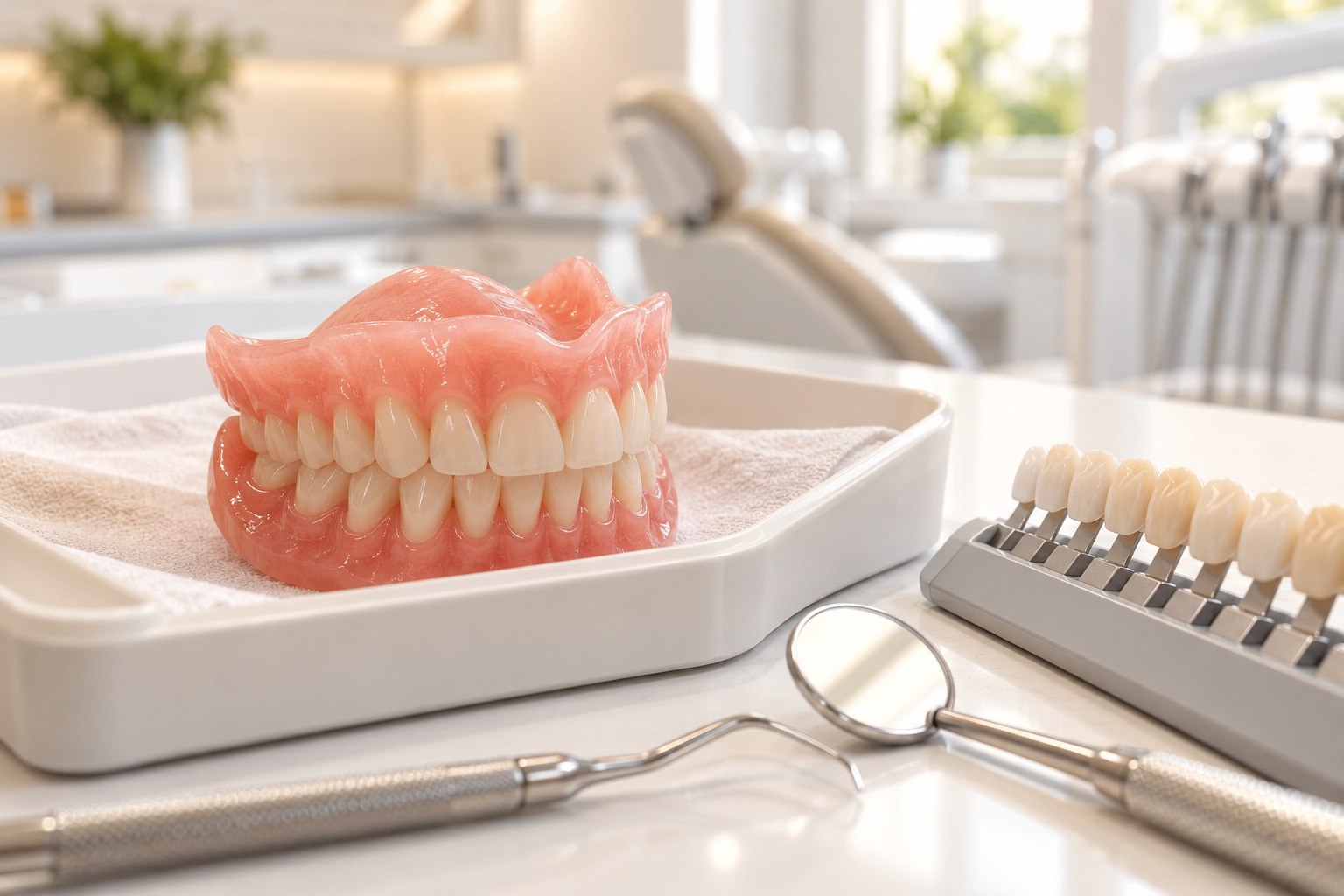 Illustrative removable dentures beside a dental shade guide