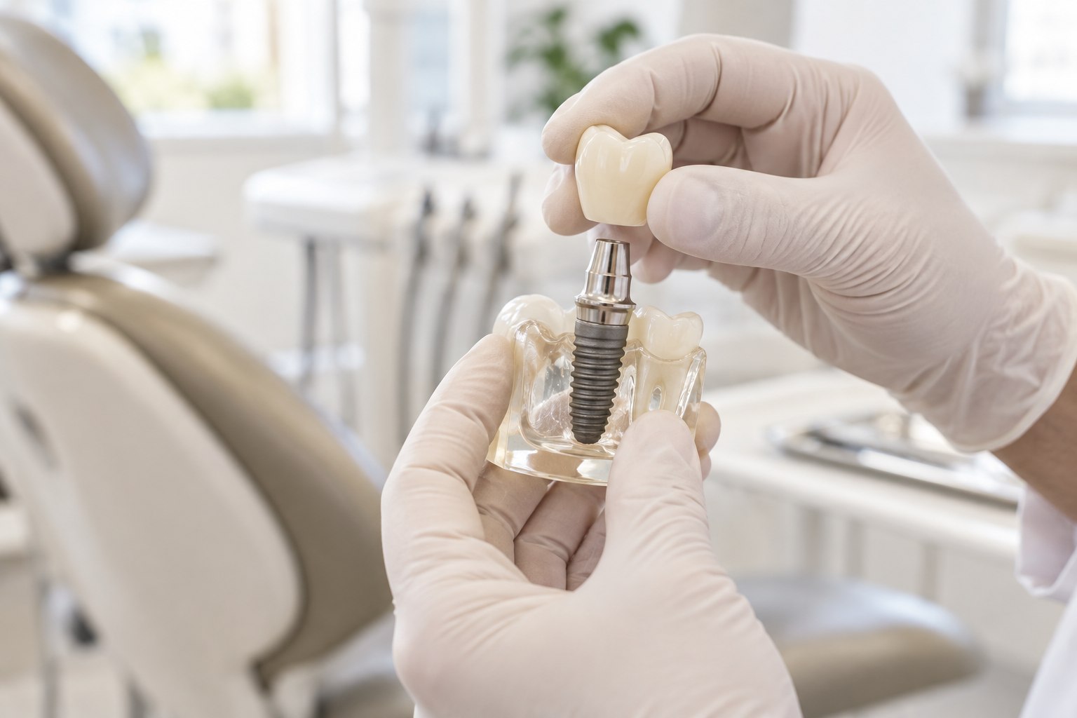 Illustrative dental implant model and crown in a clinic