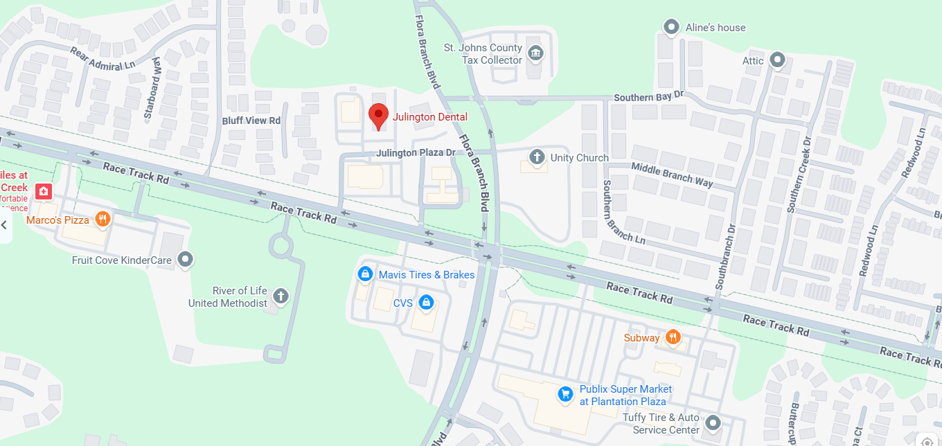 Map showing Julington Dental in Julington Plaza near Race Track Road